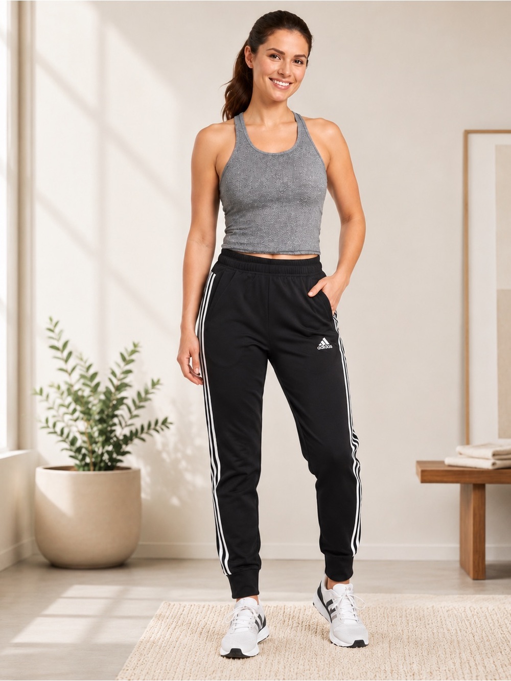 Adidas 3 Stripe Joggers Womens Small Black White Track Pants Athleisure EUC